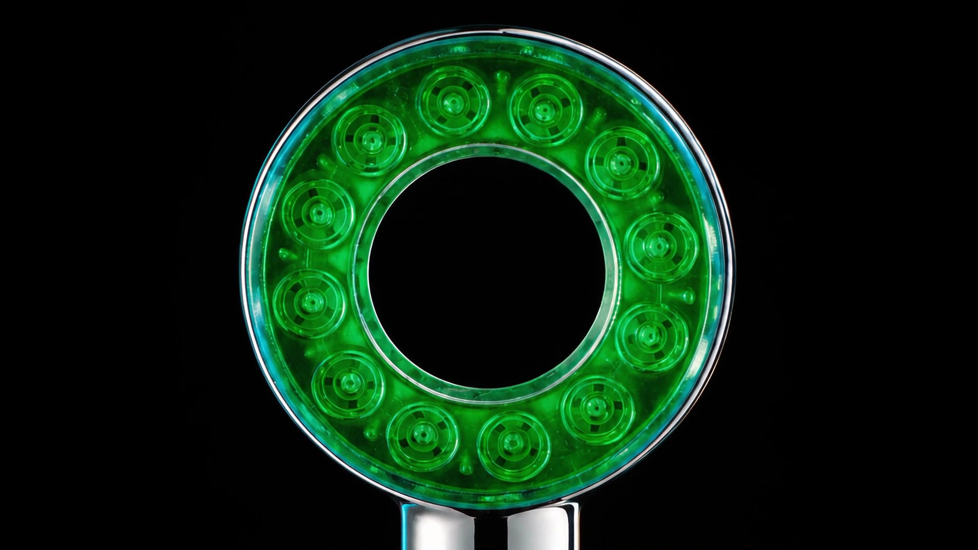 Front-facing green open-ring Crystal Water showerhead with illuminated chrome reflections