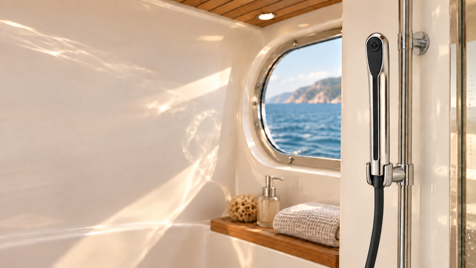 EXCLUSIVE hand shower held between two chrome cradle arms, with a connected matte black hose in a sunlit yacht bathroom